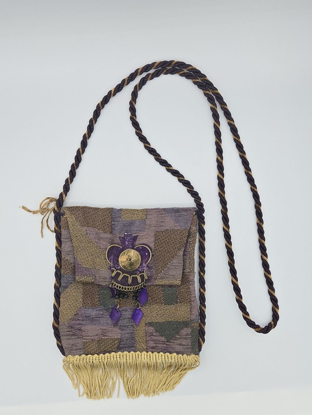 Handcrafted Purple and Gold Crossbody Bag - Decorative Fringe